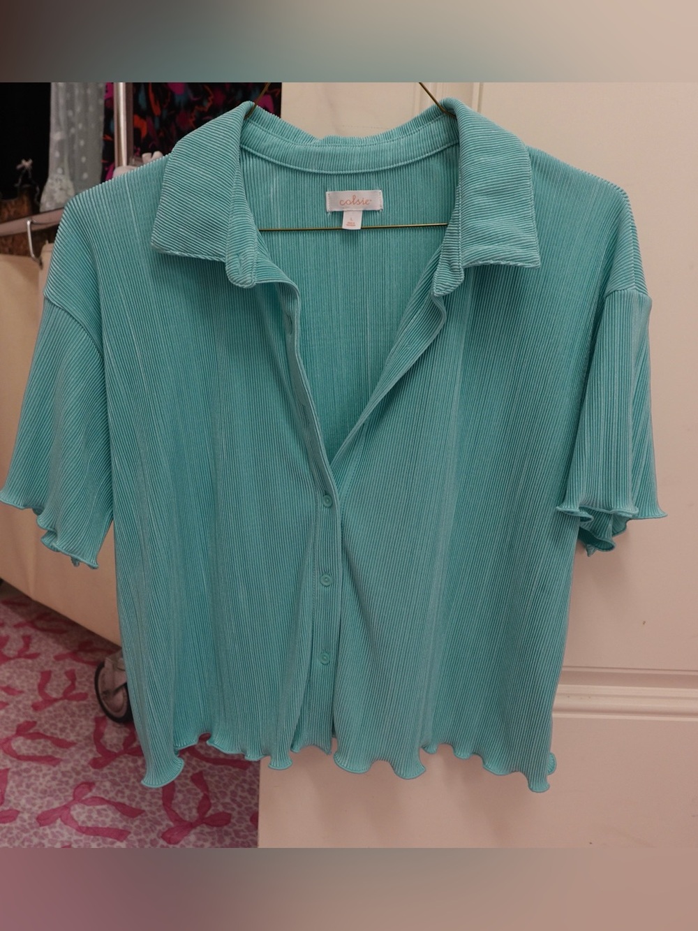 turquoise nostalgia short-sleeve button-front ribbed crop blouse lettuce hem